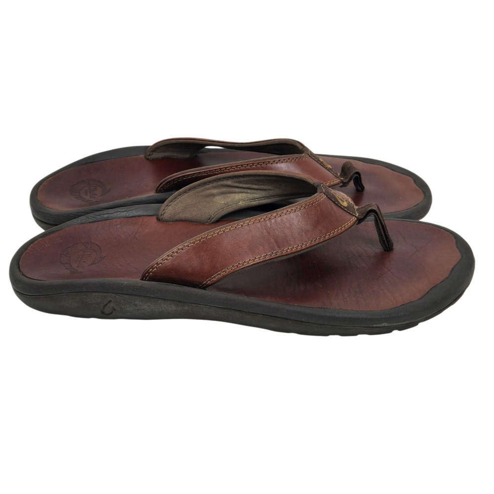 OluKai Ohana Leather Flip Flop Sandals Brown Mens 13 Thong Beach 10124-4S4S VGC